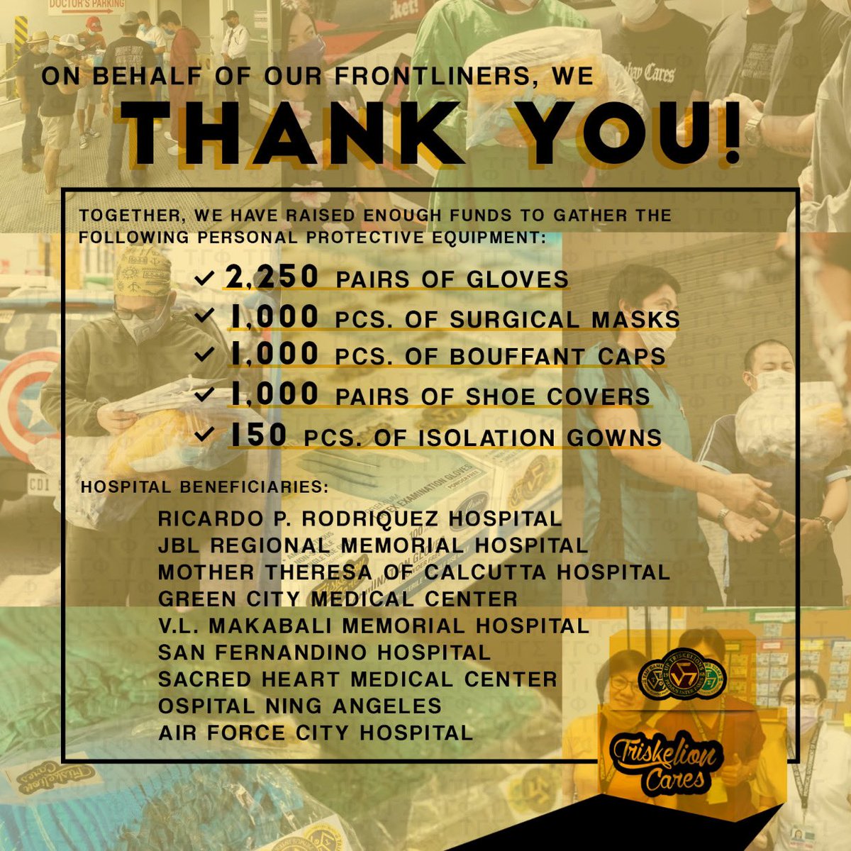 UPClarkTGPTGS's tweet photo. On behalf of our front-liners, the UP Clark Triskelions would like to thank all of the donors for their generosity in helping combat our unseen enemy. 

The remaining funds would be donated to food drives for the frontliners and community in Pampanga.

#TriskelionCares https://t.co/BAGP8sqXmL