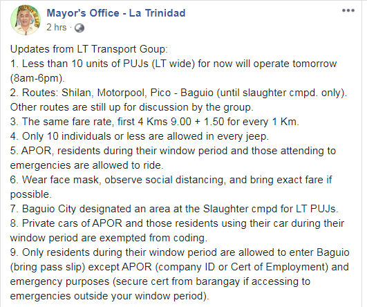 PNPBenguetPPO's tweet photo. To all Kakailyans in La Trinidad, please be guided.

-CTTO Mayor's Office-

#GCQguidline
#TransportGroup https://t.co/zFcRvUWXdt