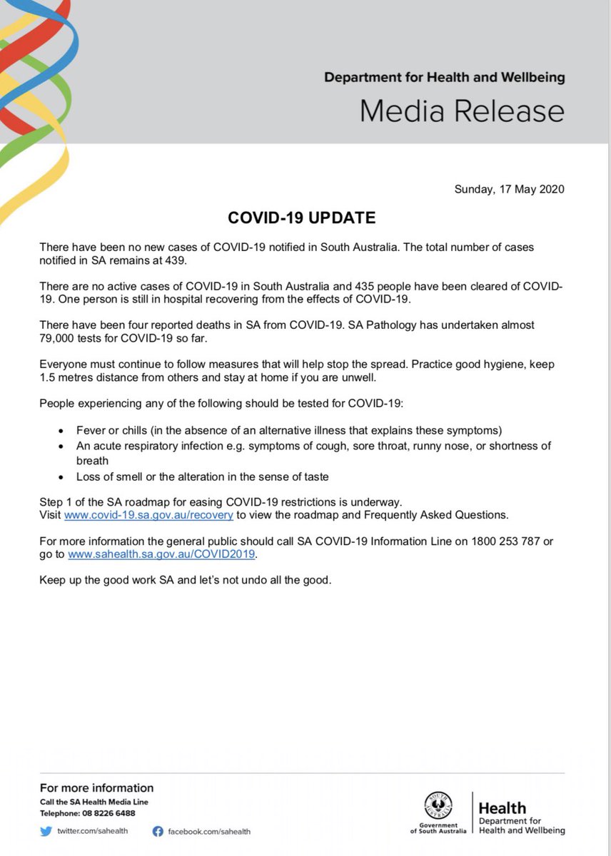 SAHealth's tweet photo. South Australian COVID-19 update 17/05/20.

For more information go to https://t.co/mYnZsGpayo or contact the South Australian COVID-19 Information Line on 1800 253 787. https://t.co/3ILNgMBUCR