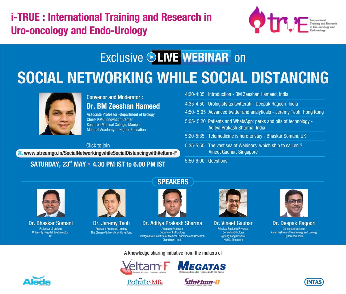 UroZedman's tweet photo. Join us for a webinar on โsocial networkingโ by #iTRUE. lets discuss the use of various SM platforms, #telemedicine and #webinars. We have a lineup of world-class speakers @endouro @DocGauhar @jteoh_hk @drragoori @adityap_sharma @so_uro @usisecretary @ManipalUni @stingrai78 https://t.co/2I23I2n0Qk