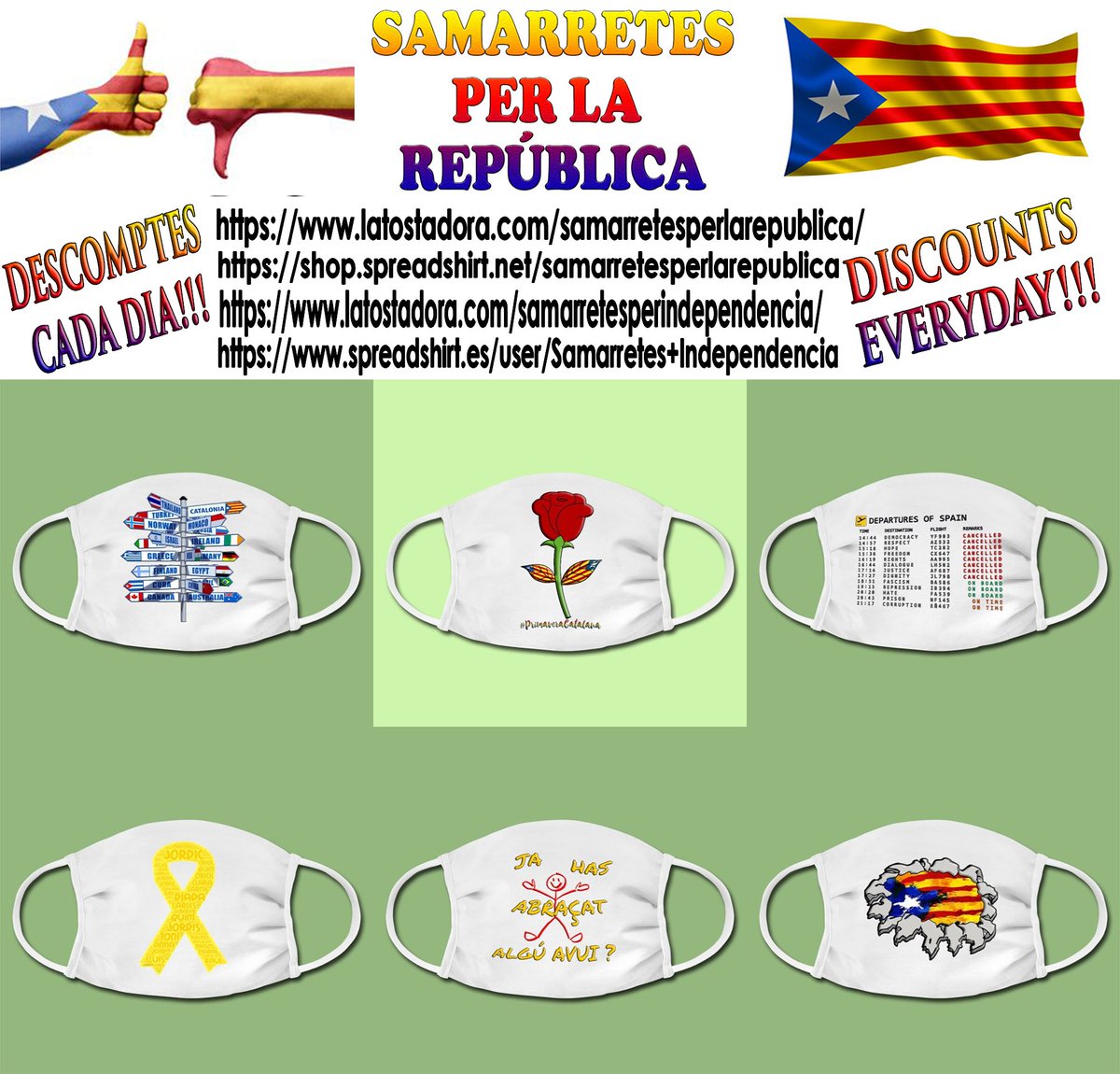 IndepSamarretes's tweet photo. 🎗️BON DÍA REPUBLICANS!Ja tenim disponibles MASCARETES PER LA REPÚBLICA a la nostra botiga!!  Sembla q serà 1 accessori q portarem 1 bona temporada. PQ NO PROTEGIR-SE I FER REPÚBLICA AL MATEIX TEMPS? 
https://t.co/z7E0bKue0x……  #FemXarxa  #mascaretes @RepublicCatala @VotxRep https://t.co/xRlJQF80Te