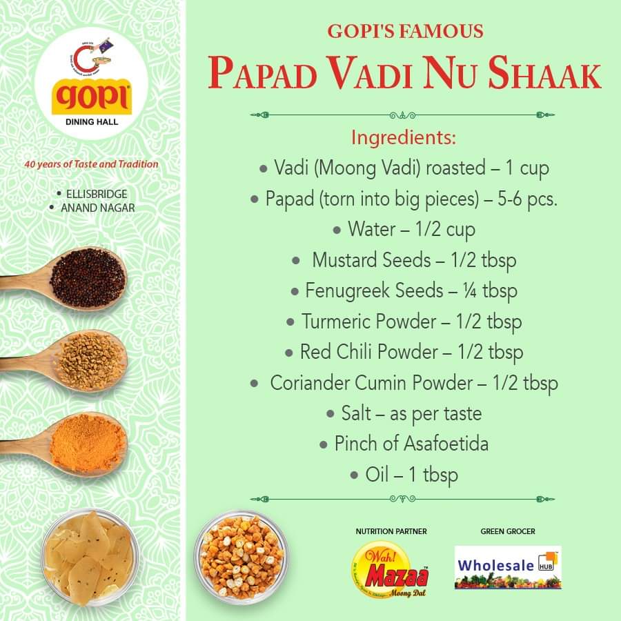 GopiDiningHall's tweet photo. From the magic pans of traditional #GujaratiKitchen, Gopi's Dining Hall brings to you delectable recipes to try at home. In today's edition we bring you finger-licking #PapadVadiNuShaak that will make you go wow!
#GopiDiningHall #GopiRecipe #Papad #Shaak #Recipe #Food #Foodie https://t.co/W3ue6VcREY