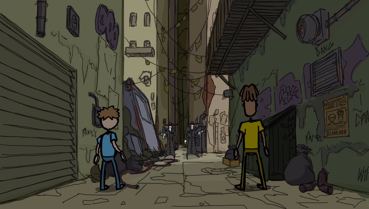 bmanimation's tweet photo. Background design - radio city alley way. 
To make the city seem big, don’t show a sky, only show buildings. 
Also the positioning of the characters shows they are trapped in. 

#illustrations #art #illustration #drawing #illustrator #artist #sketch #artwork #drawings #digitalart https://t.co/fpjuKgydpm
