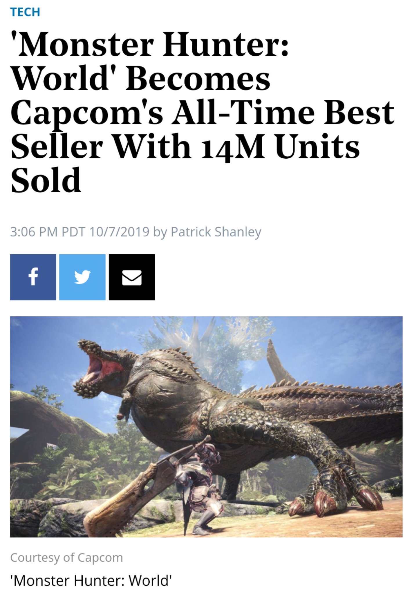 Monster Hunter: World' Becomes Capcom's All-Time Best Seller With