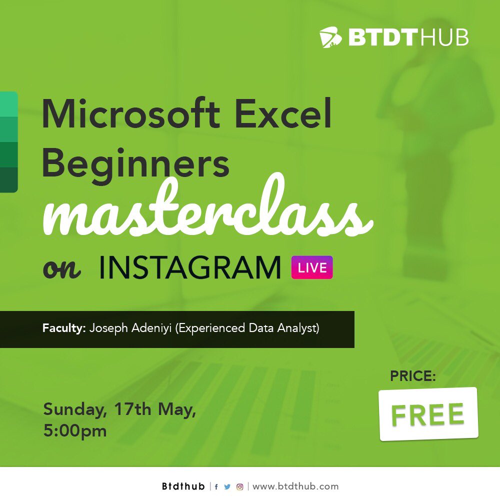 BTDTHub's tweet photo. Our free #MicrosoftOfficeMasterclass which will focus on Excel will be delivered by @JosephOlaoluwa3, an experienced data analyst, at 5:00pm (๐ณ๐ฌ time) today on our Instagram live.
Ensure you follow us on Instagram and turn on post notifications so you do not miss it.
#BTDTHub https://t.co/SzSHrmO6kn