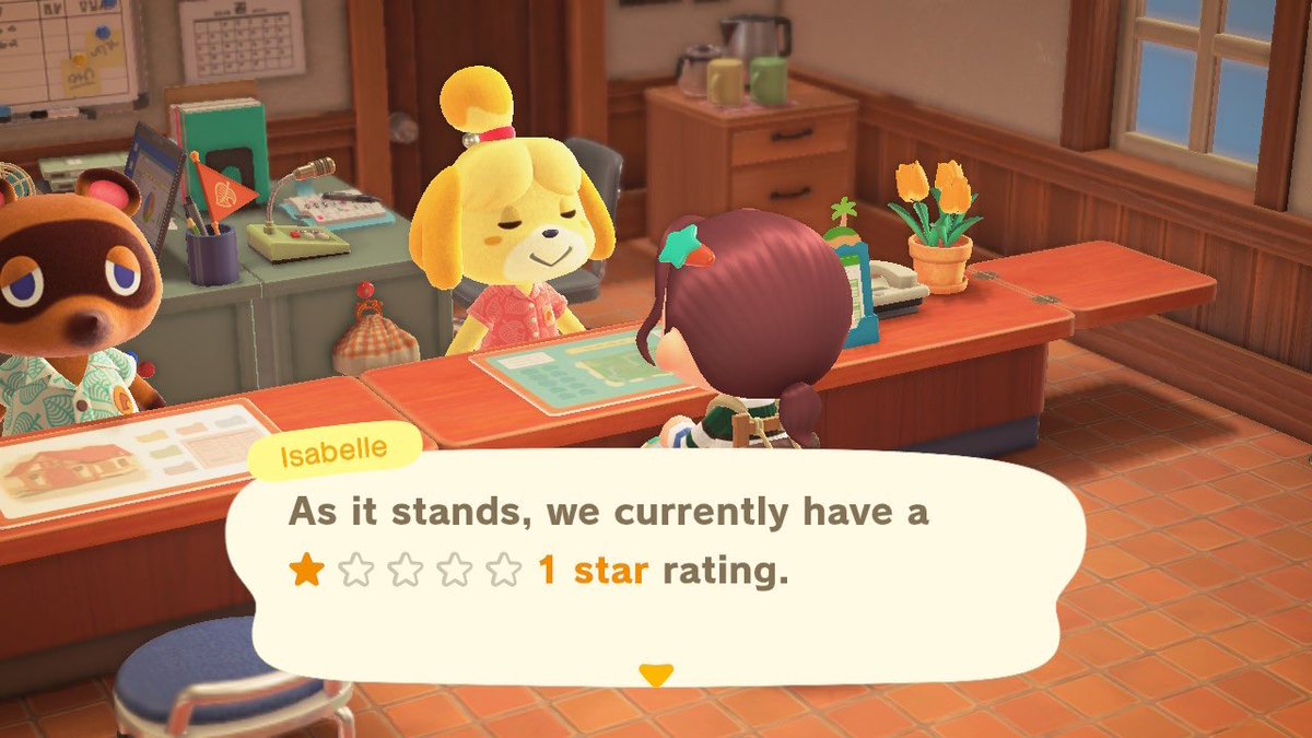 + 15.05.20 +shep moved in today; our population is growing ! when i went to the resident services, isabelle and tom nook were discussing our goal of getting k.k. slider to perform on the island. panacea is only at a 1 star rating, so we have some work to do (・о・) ⤍