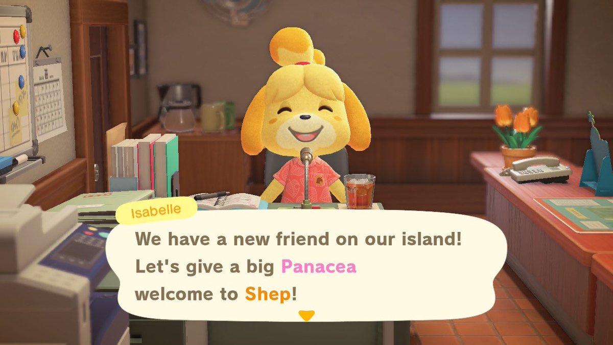 + 15.05.20 +shep moved in today; our population is growing ! when i went to the resident services, isabelle and tom nook were discussing our goal of getting k.k. slider to perform on the island. panacea is only at a 1 star rating, so we have some work to do (・о・) ⤍