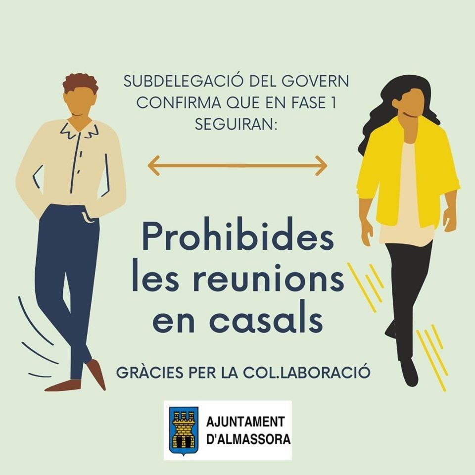 ajalmassora's tweet photo. 🔴 Demà entrem en FASE 1 de desescalada pero la Subdelegació del Govern ha confirmat la prohibició de fer reunions en casals.

Preguem responsabilitat: la #COVIDー19 continua. https://t.co/QLhsR8pjGI