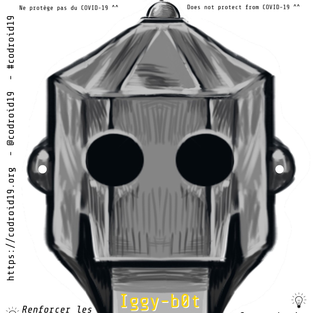 Envie de vous prendre un peu plus au #jeu #codroid19 ? Téléchargez le #masque à imprimer et à découper d'Iggy-bot, le héros du jeu, dans notre section "Extensions &amp; Bonus" > ow.ly/BJnW50zIpCS (ou lien en bio)