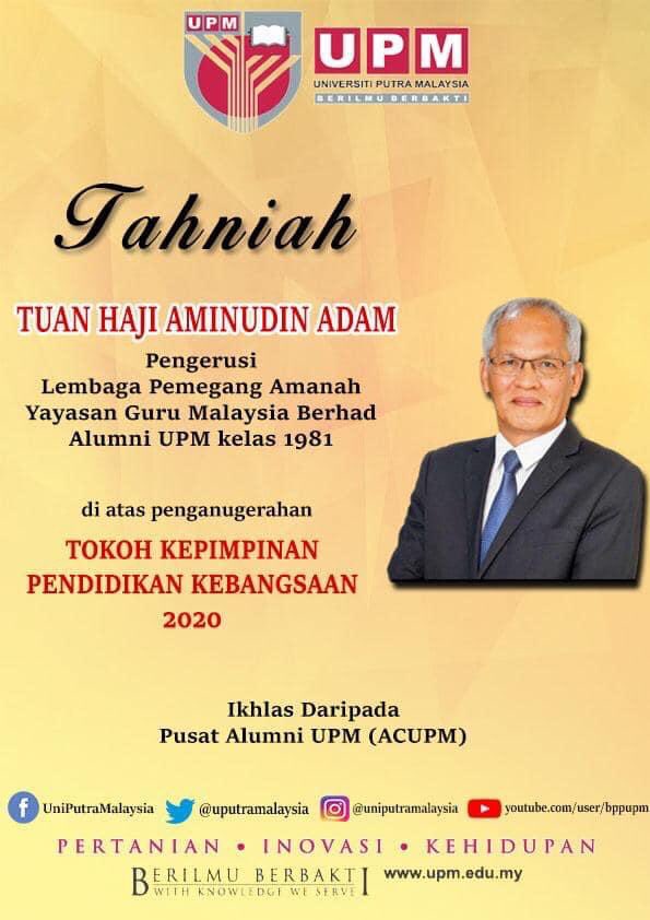 ARCentreUPM's tweet photo. Tahniah diucapkan kepada Tuan Haji Aminudin Adam, Alumni Kelas 1981 diatas penganugerahan Tokoh Kepimpinan Pendidikan Kebangsaan 2020.
Yang Ikhlas daripada pihak Pusat Alumni UPM
#ACUPM
#BERILMUBERBAKTI
#TRADISIMENYUMBANGBUDAYAIKATAN https://t.co/51t5Kz5zqx