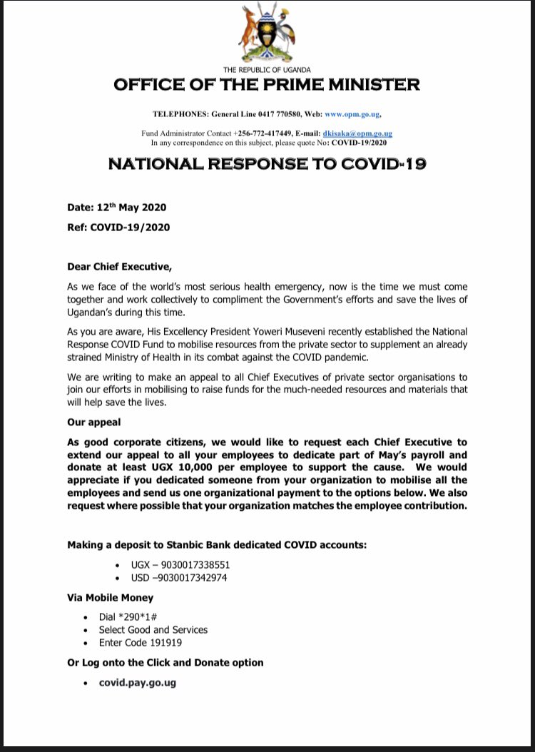 SarahBireete's tweet photo. National Response Fund for COVID19 wrote to PM @RuhakanaR requesting for employee 10k contributions for COVID19: given that donors have contributed 8.84trillion for COVID19, isn’t the TAX PAYER more burdened with heavy debt payment?Can we first utilize &amp; account for 8.84trillion? https://t.co/acU6HBjjFa