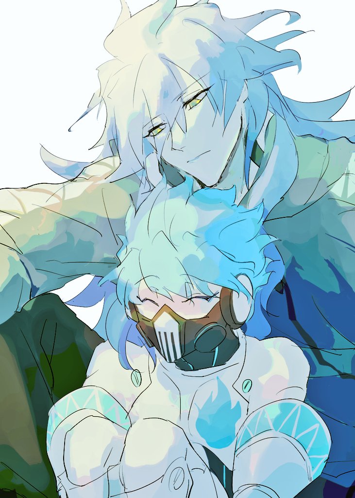 2boys multiple boys respirator long hair male focus blue hair mask  illustration images