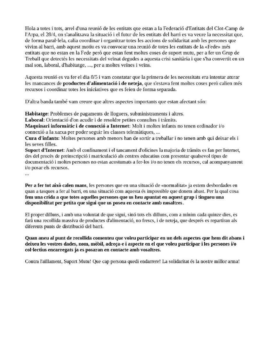 avvc_ca's tweet photo. Recordeu‼ Demà dilluns 18/5 teniu 6 punts de lliurament d'aliments que després es donaran a famílies amb necessitats. Clot-Camp de l'Arpa un barri solidari✅ No falteu❗ https://t.co/lbfDEn0pAc