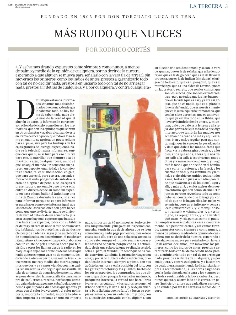 rodrigocortes's tweet photo. He escrito una de esas Terceras que se escriben sin respirar (de lectura, por tanto, también anaeróbica), sin más punto que el final: «Más ruido que nueces». A ver qué os parece... https://t.co/f5xBdz257Q