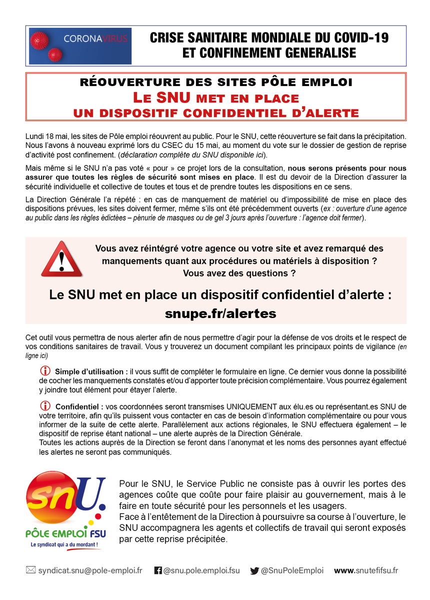 FSUEMPLOI's tweet photo. Réouverture sites #poleemploi  à compter du 18 mai: une ouverture dans la précipitation pour le #snu #fsu. Le SNU met en place un dispositif confidentiel d’alerte pour tous les personnels https://t.co/ajMPUxL7zS
@SNUPEOCCITANIE @SNUpeIDF @snugrandest @SnuBFC https://t.co/iIknEjBcQX