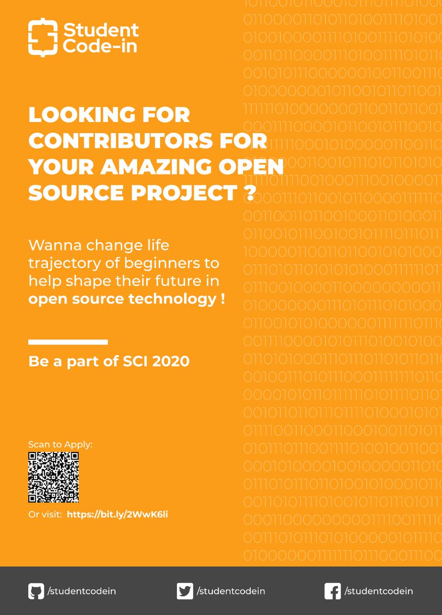studentcodein's tweet photo. Hey folks!!
If you have any #opensource  project and looking 👉🏻for contributors in open source ?
Be a part of SCI 2020✌🏻✌🏻
https://t.co/VzpN9Zz6HV
#opensource #github #studentcodein
#sci #staysafe #keepLearning https://t.co/DrBhYxEScE