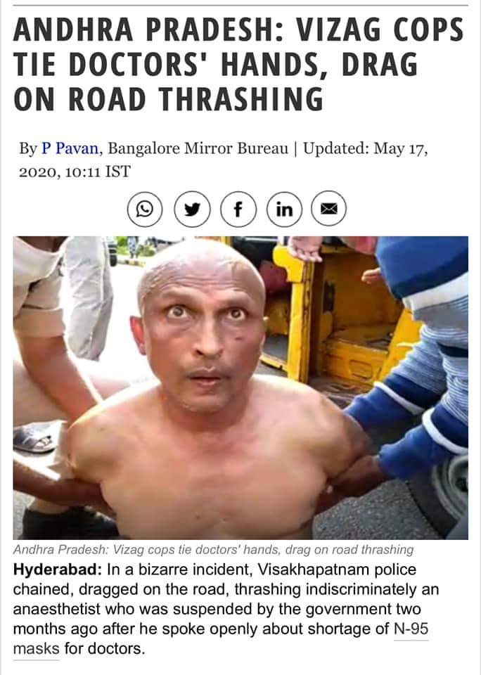 Dr Sudhakar from AndhraPradesh,who was under suspension for demanding PPEs is now dragged &amp; thrashed by cops on road.All this bcz he denied to bend. Doctors will not forget this inhuman treatment during COVID19 Pandemic.
<a href="/drharshvardhan/">Dr Harsh Vardhan</a>
<a href="/narendramodi/">Narendra Modi</a> <a href="/AndhraPradeshCM/">CMO Andhra Pradesh</a> @drSanjivUDF