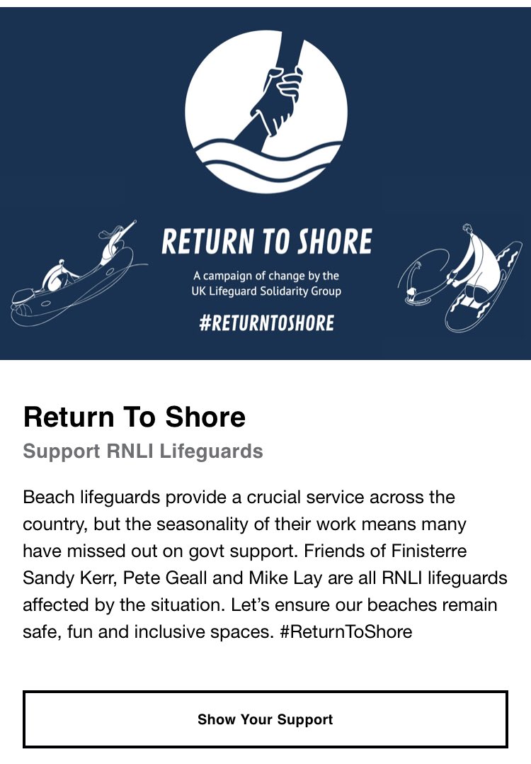 Great to see @FinisterreUK get behind <a href="/returntoshore/">RETURN TO SHORE</a> / #RETURNTOSHORE campaign to ensure <a href="/RNLI/">RNLI</a> lifeguards don’t miss out on Govt support due to the seasonality of their role. Thanks 🙌