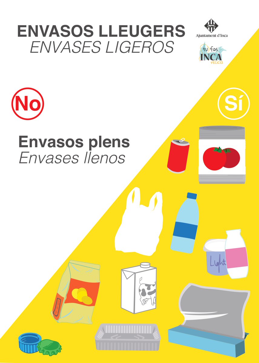 incaciutat's tweet photo. 🍫🧃 Els envasos lleugers sempre al groc! Envia'ns una foto d'un residu que podem dipositar en aquesta fracció, en aquesta família són molts! #Incarecicla https://t.co/m1mgM723GI