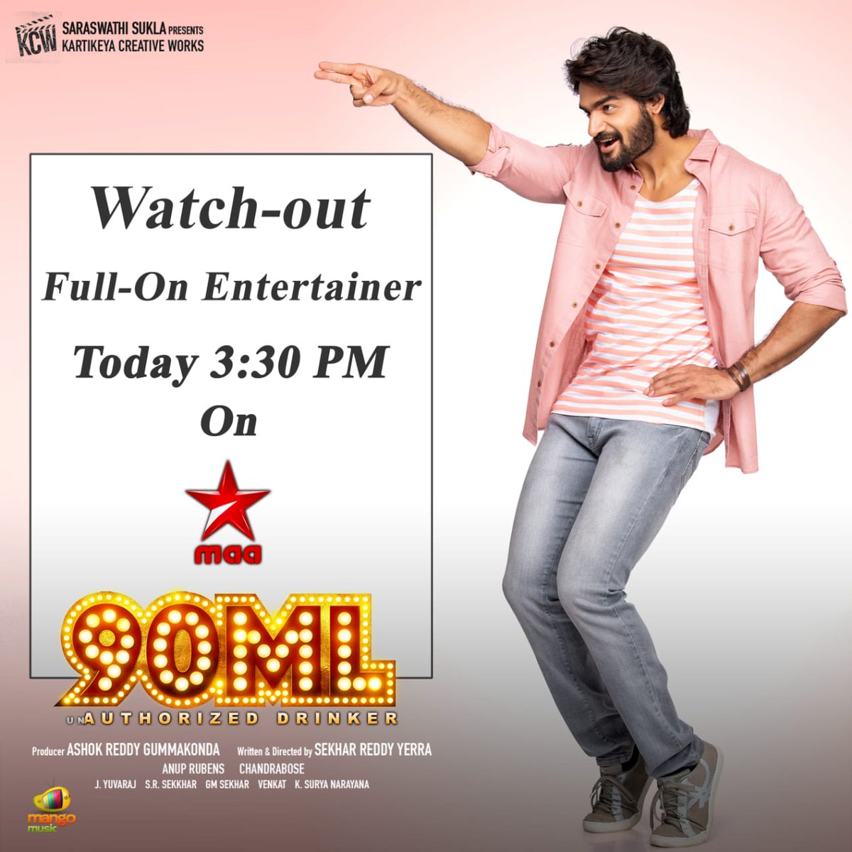 After getting highest rating 11.12 last week, Today at 3.30pm Starmaa telecasting blockbuster 90ML movie again.. let's chill again, u wl get the same kick... <a href="/ActorKartikeya/">Kartikeya</a> <a href="/NehaSolanki_/">Neha Solanki</a> <a href="/AshokGummakonda/">Ashok Reddy Gummakonda</a> <a href="/kcwoffl/">Kartikeya Creative Works</a> <a href="/anuprubens/">anuprubens</a> <a href="/boselyricist/">chandrabose</a> @SrSekkhar <a href="/RollRida/">Roll Rida</a> <a href="/AlwaysJani/">Jani Master</a>