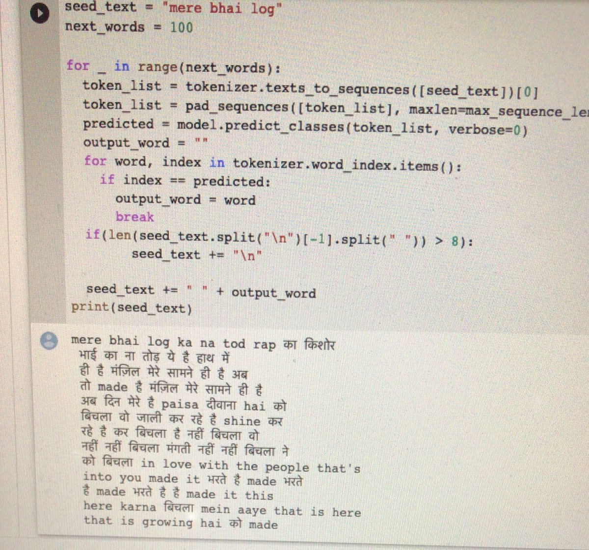 _kmagrawal's tweet photo. Use ai to generate random rap lyrics. #ai #divinerap #chindirapper #tensorflow #QuarantineLife #divine #lyrics #nlp #lstm #Keras #jaipur #aiforgood https://t.co/595Zvo7D7x