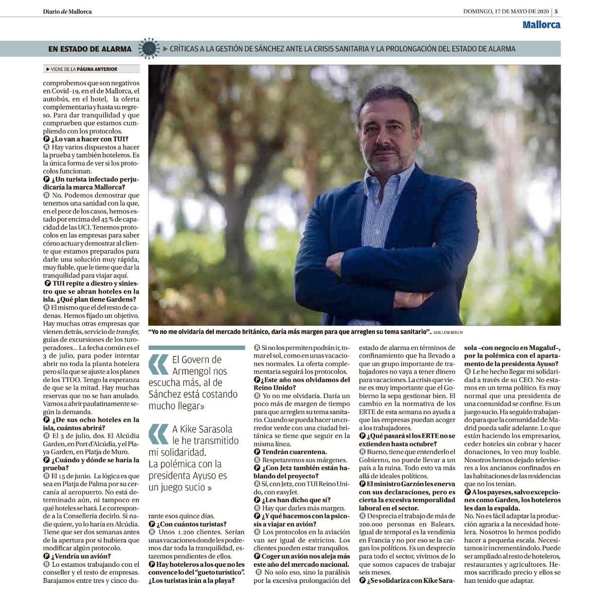 🆕 Desde <a href="/fehmallorca/">FEHM</a> compartimos la entrevista 📰 al presidente #ACH <a href="/Gabrielllobera/">Gabriel Llobera P</a> en <a href="/diariomallorca/">Diario de Mallorca</a> 

Donde traslada la hoja de ruta de marcada por el #sectorhotelero de #Baleares 

para recuperar el #mercadoalemán con todas las #garantíassanitarias a partir del mes de julio