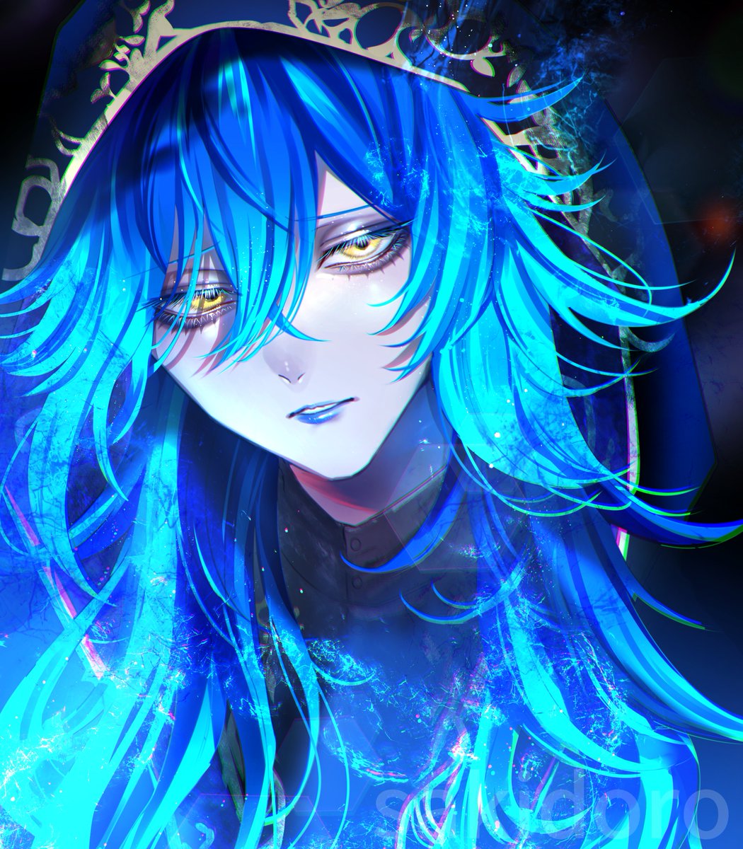 solo blue hair yellow eyes long hair makeup blue lips looking at viewer  illustration images