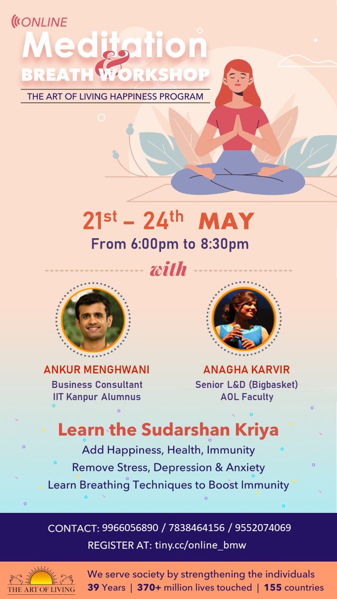 KansaraKrity's tweet photo. Sudarshan Kriya helped me get rid of the emotional backlog I had!
I think everyone should learn it.
They are teaching it at the Online Meditation and Breath Workshop.

Join: https://t.co/HD9p1fozpa

#mainbhikhush #happy #meditation https://t.co/0S3miRfjgv