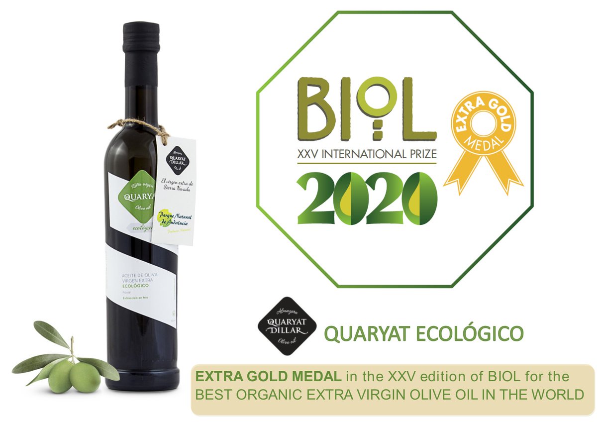 Queremos compartir con vosotros esta buena noticia. Seguimos cosechando los frutos del trabajo duro. Nuestro QUARYAT ECOLÓGICO ha sido premiado en el Concurso Internacional Biol 2020 con una Extra Gold Medal.  Orgullosos de ser el aceite de Sierra Nevada.
Instagram @quaryatdillar