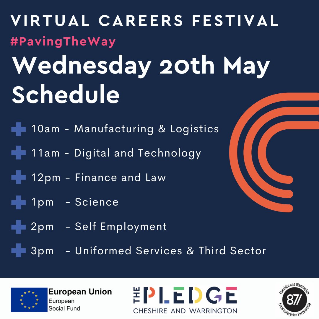 ThePledgeCW's tweet photo. Check out our final schedule for our #PavingTheWay  
Virtual #Careers Festival next week! With over 50 businesses from #Cheshire &amp; #Warrington taking part, it is going to be action packed four days you won't want to miss! Find out more and register here - https://t.co/JyJrzZvA6T https://t.co/dgUuxv5lB8