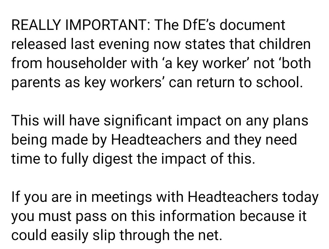 (*dictat not dictators I'm not going that far but spell check thought otherwise)It's really nasty, government has been urging councils to get more keyworker children into school, they changed the guidence again without informing heads and unions. This is different to their77/