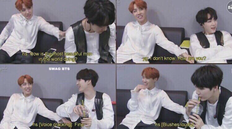 JBmeekness's tweet photo. — Hoseok: Как дела у самого красивого мужчины в мире?
— Yoongi: Не знаю, как у тебя дела?
— Hoseok: /Ломаным голосом./ Хорошо.
— Hoseok: /Смущен./
#SWAG_BTS https://t.co/Q2ZtrxZGhu