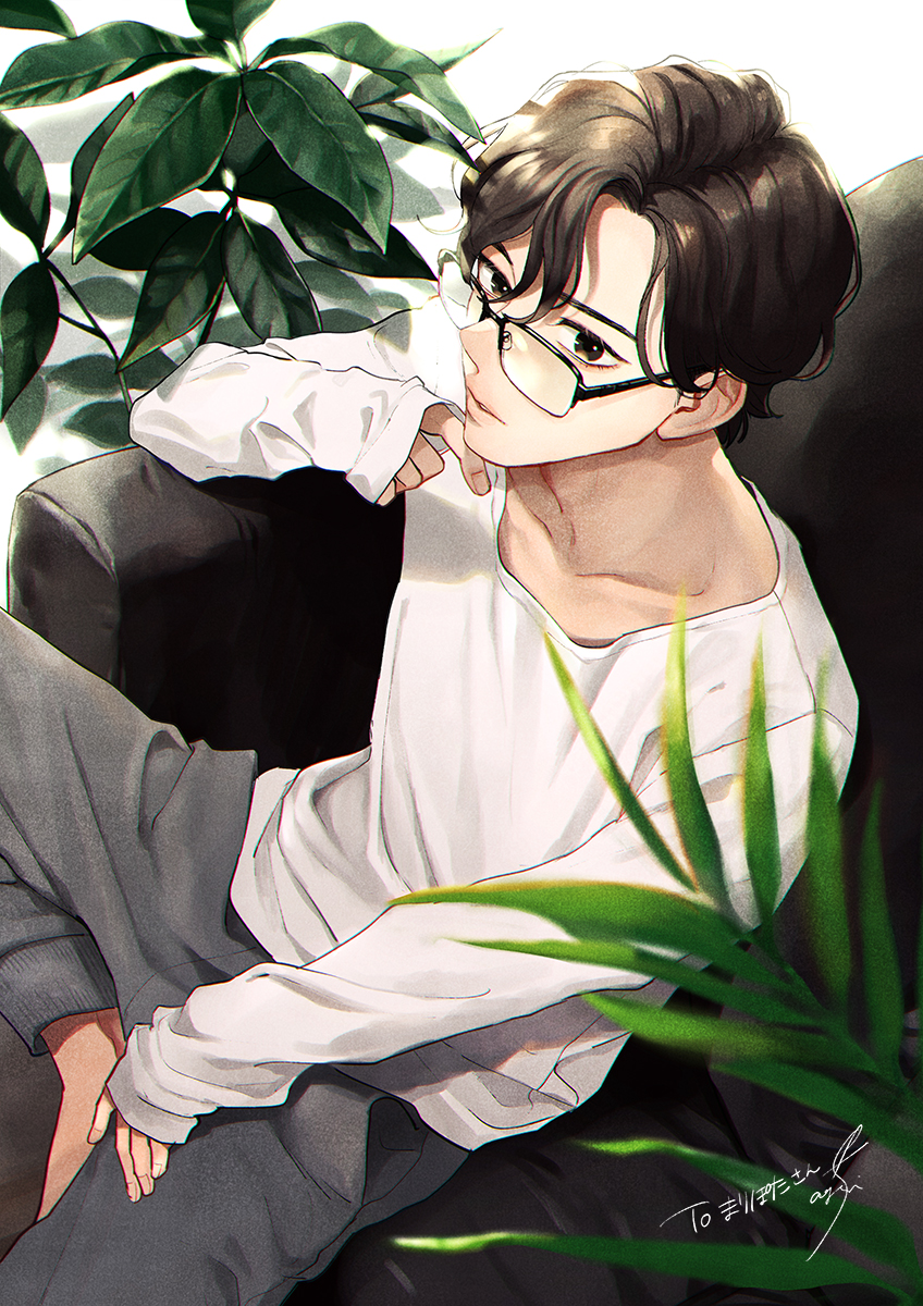 1boy male focus glasses solo sitting pants plant  illustration images