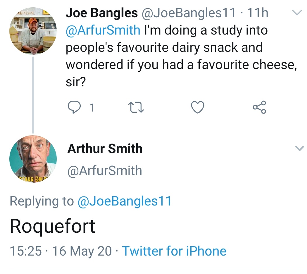 A massive thank you to the hillarious and brilliant  @charltonbrooker,  @ArfurSmith,  @Halcruttenden and  @BigTomD for your replies and wonderful choices.Apologies to Tom and Charlie for my continued questioning but 290k people have checked in to see the cheese. #SundayMotivation