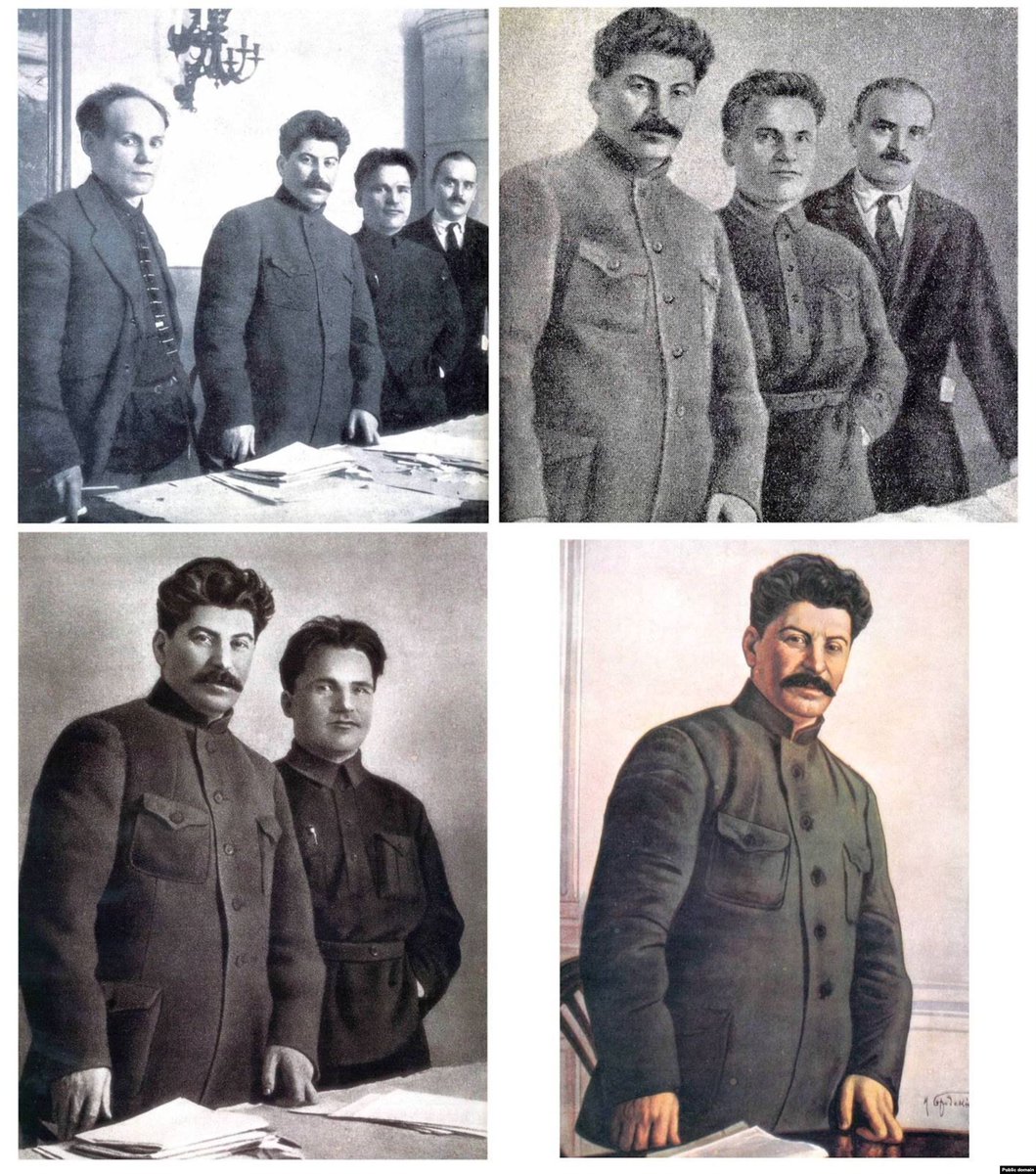 Subtly over time they did photo/painting manipulation to make stalin, less georgian and more hardcore ben shapiro level khazar