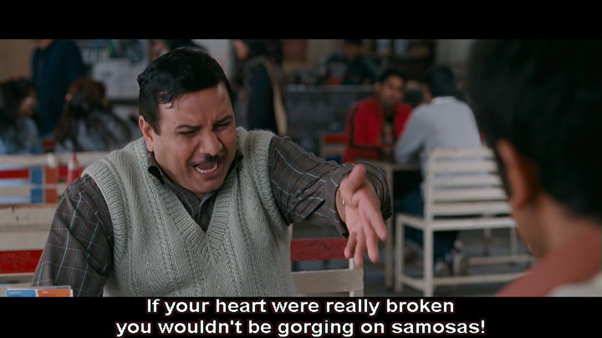 This is an extremely funny scene, where JJ extends and over-dramatizes his heartbreak while eating samosas and fighting that they aren't tasting good. The way Khatana bhai asks to shut his mouth, and this is no heartbreak, you are making it look like one. Tender, yet humorous!