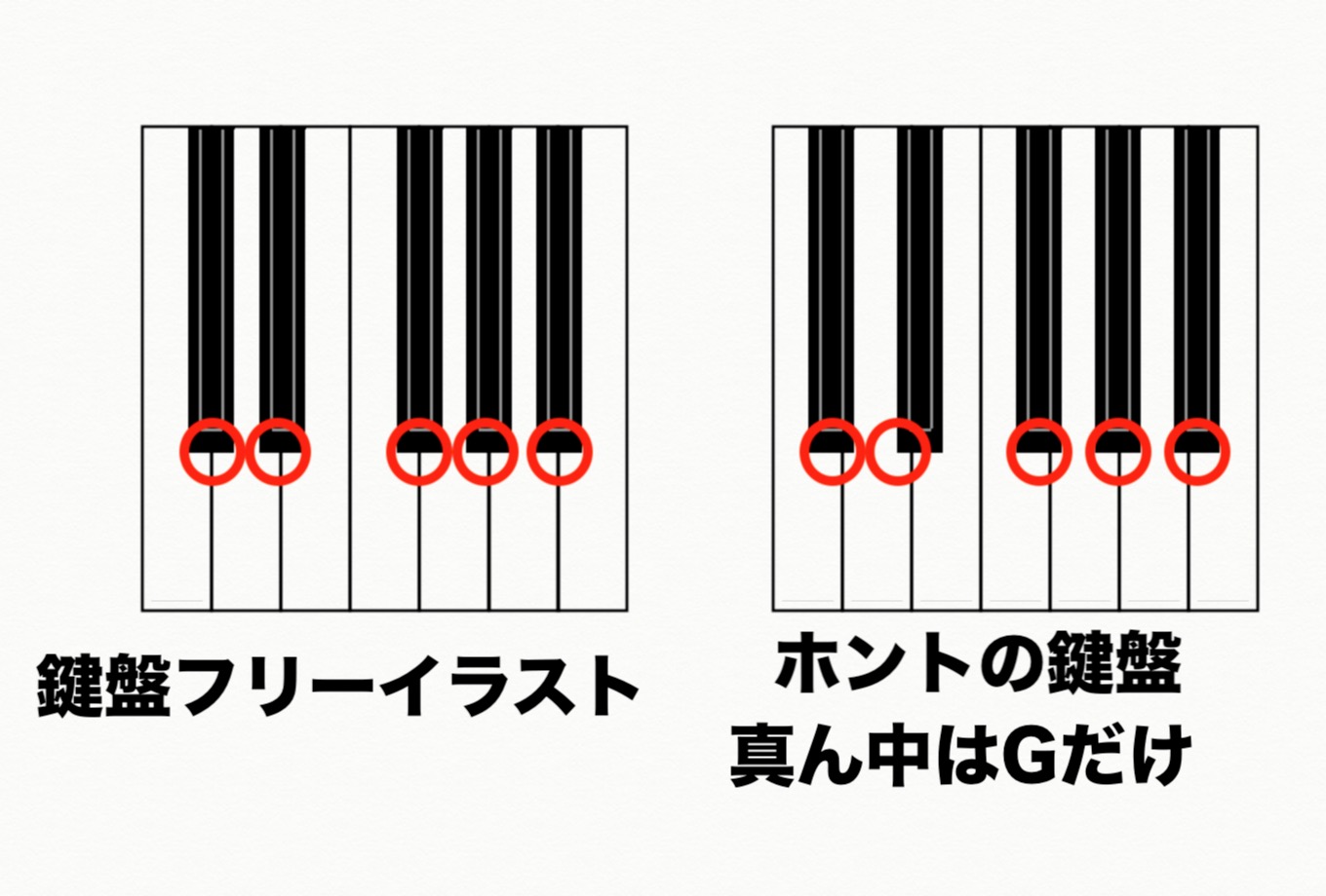 Ug 割とどうでもいいあるあるなんだけど フリーの鍵盤イラストを見ると 黒鍵の真ん中から白鍵のラインが見えるけど 実際はそうではない 右の画像も厳密ではないけれど だいたいこんな感じなはず 多分 誰も気にしないけど 私は気になる フリー鍵盤