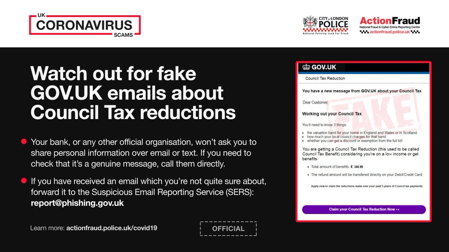 gmpfraud's tweet photo. ⚠️ALERT: A new wave of fake @GOVUK council tax reduction emails are doing the rounds! Action Fraud have received over 640 reports in the last two days alone.

Remember, don't respond to emails or texts that ask for your personal or financial information. #Coronavirusfrauds https://t.co/TYNWy1RXJz