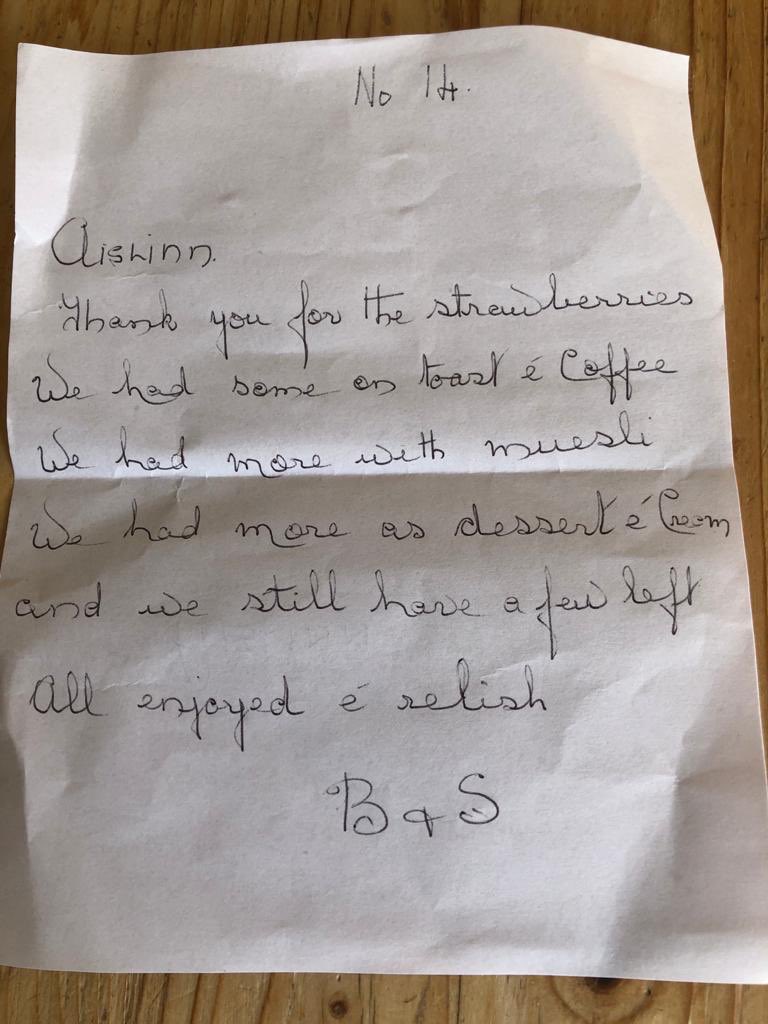 aisharkin's tweet image. My 87 year old cocooning neighbours reminded me of the importance of saying a simple thank you with a handwritten letter and how to use a punnet of strawberries over 3 meals and still have some leftover.  I love their resilience &amp;amp; always learning from both of them!