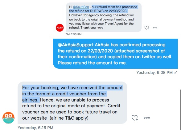 SautiSen's tweet photo. @AirAsiaSupport Could u plz react to my request - @goibibo says u hv not refunded the amount &amp; they r unable to refund in original mode of payment.Plz settle in original mode of payment. I trust both of u r companies of good repute &amp; can honor this pre-lockdown refund. Ref DUEPWS https://t.co/YOCdYn8PaZ