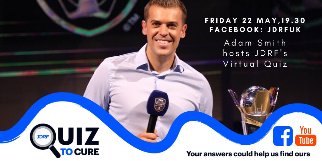 BT1DUK's tweet photo. Sky Sports presenter @AdamJSmithy is hosting JDRF’s FREE VIRTUAL QUIZ ‘Quiz to Cure’! Join Adam and donate what you can to support life-changing type 1 diabetes research. 
Join our general knowledge quiz on Friday May 22, 7.30pm LIVE on our Facebook page: https://t.co/13z9mjuqnl https://t.co/3pdW6MKXKC