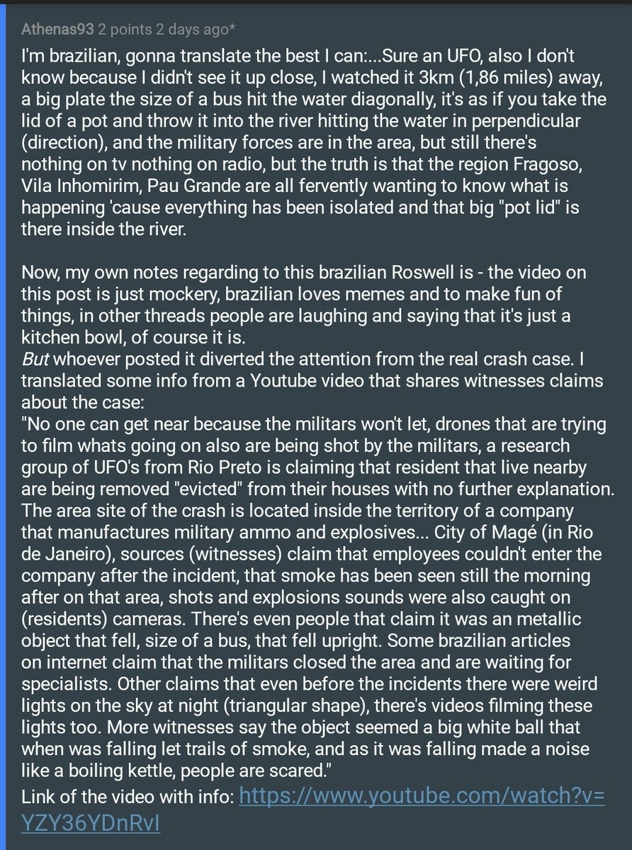 Audio interview from eyewitness: https://vimeo.com/418591586 Apparently the original video in this thread is literally a metal bowl.BUT there was in fact a craft, military helicopters did pursue it, and it did crash. Translation from reddit: