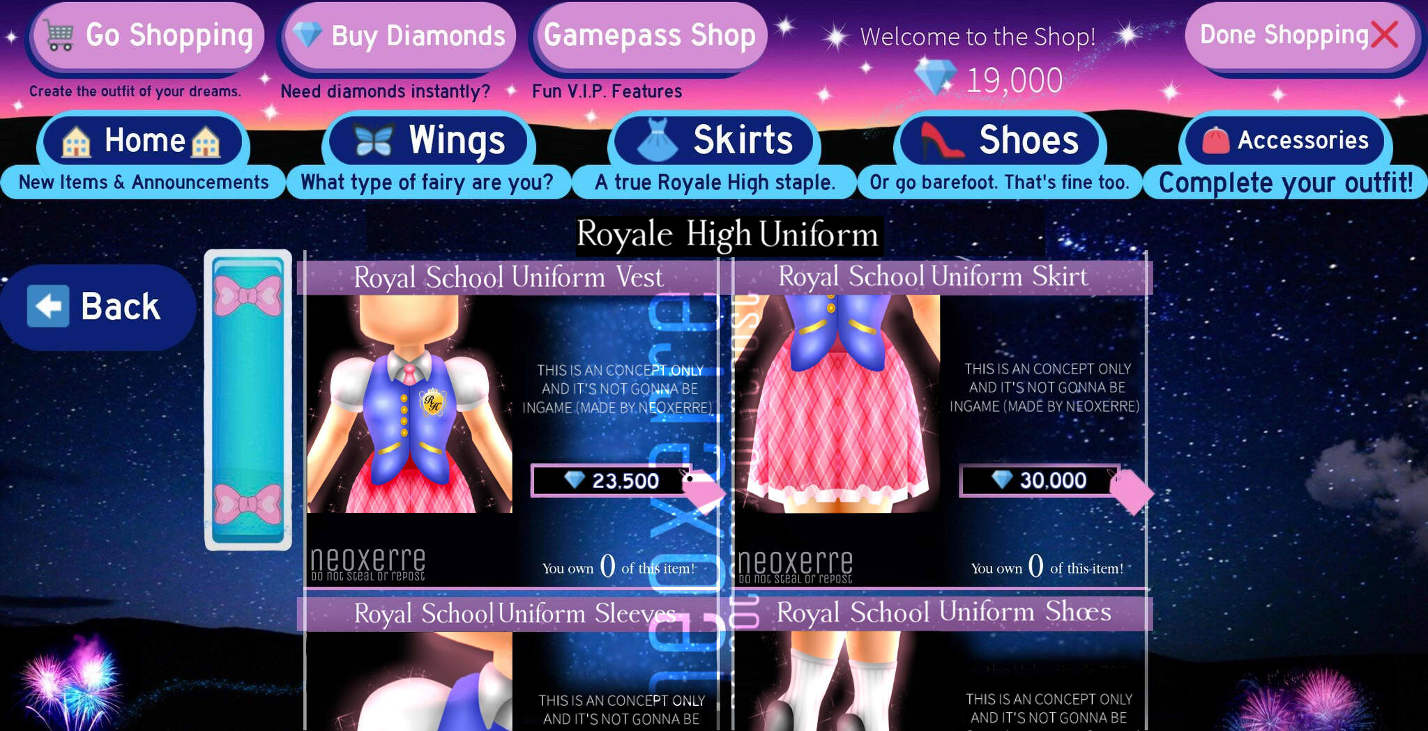 Neon On Twitter This Is An Concept Only And Its Not Gonna Be Ingame Royale High Uniform Set Since The New School Is Releasing Why Don T We Have A Uniform - a code for 30 000 diamonds on roblox royal high