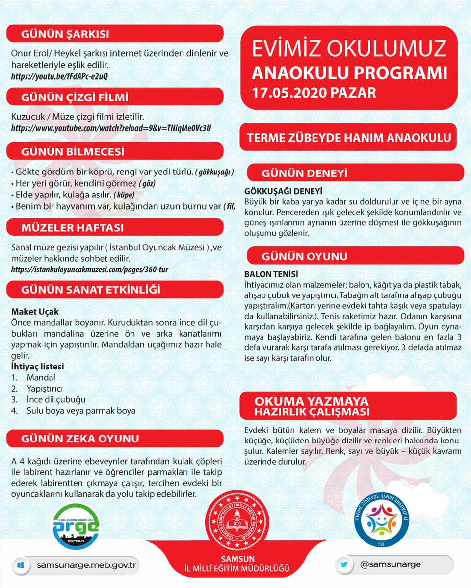 Haftanın son gününü güzel geçirmeniz için anaokulu , #ramazangünlüğü ve  #Evimizokulumuz etkinlikleri hazır. Emeği geçenlere teşekkürler #TatilDeğilUzaktanEğitim
<a href="/bafra_mem/">Bafra İlçe Millî Eğitim Müdürlüğü</a> <a href="/mehmetalikatip1/">Mehmet Ali KATİPOĞLU 🇹🇷</a> <a href="/zekeriyaakbag/">Zekeriya Akbağ</a> @YUKSELAYDINTS <a href="/CoskunESEN57/">Coşkun ESEN</a> <a href="/samsunmem/">Samsun İl Milli Eğitim Müdürlüğü</a>
