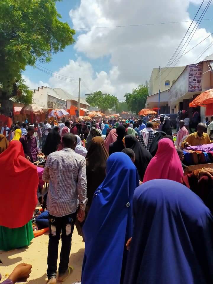 Though Eid is approaching, parents go to the big markets for buying Eid gifts to their loved children, this picture is Bakara Market where it is too much overcrowded,with no masks and gloves, this situation the virus can transmit easily.