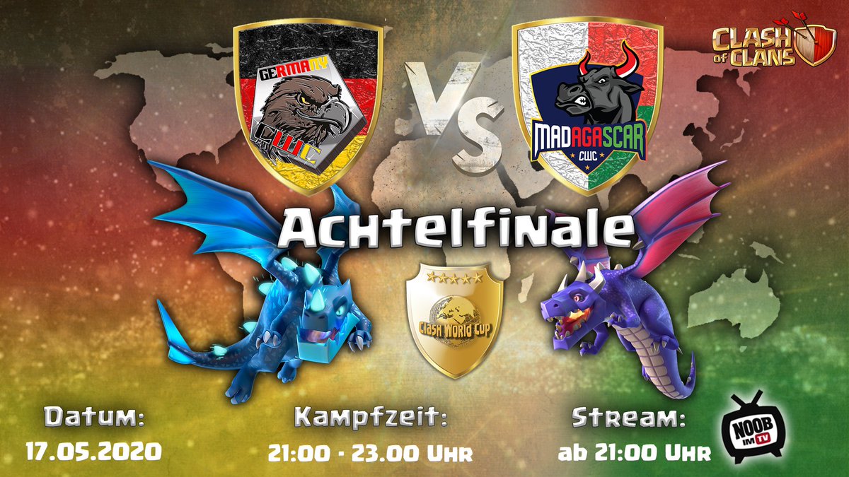 CWC Germany (@cwcgermany) on Twitter photo Liebe Clash-Freunde,
**ACHTELFINALE**
Und das Beste?! Genau! Ihr könnt wieder live bei Noobs dabei sein 🥰 Start des Kampftages __heute__ 21 Uhr
Deutschland 🇩🇪 vs Madagaskar 🇲🇬
Wir freuen uns auf euch!
Go Germany 🎉 <a href="/ClashOfClansDE1/">Clash of Clans DE</a> Liebe Clash-Freunde,
**ACHTELFINALE**
Und das Beste?! Genau! Ihr könnt wieder live bei Noobs dabei sein 🥰 Start des Kampftages __heute__ 21 Uhr
Deutschland 🇩🇪 vs Madagaskar 🇲🇬
Wir freuen uns auf euch!
Go Germany 🎉 <a href="/ClashOfClansDE1/">Clash of Clans DE</a>