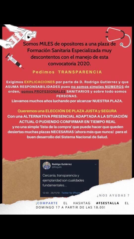 Exigimos una elección de plaza justa con las mismas garantías que en convocatorias anteriores! Hay otras soluciones!No a la lista de la compra de plazas!#FSEenlucha #FSEnLlamas #FSEstalla <a href="/Rogufe/">Rodrigo Gutiérrez Fernández</a> <a href="/sanidadgob/">Ministerio de Sanidad</a> @salvarilla <a href="/sanchezcastejon/">Pedro Sánchez</a> <a href="/cesm_sindicatos/">CESM</a> <a href="/MUDmedicos/">MUD Médicos</a> <a href="/MdcnCabreada/">Medicina Cabreada</a>