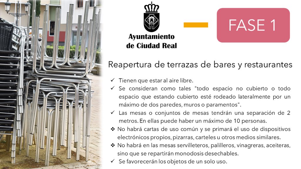 Mañana Ciudad Real entrará en la #Fase1 de la #Desescalada. Para solventar algunas dudas sobre qué y cómo se podrán hacer determinadas actividades, en estos infogramas tenéis información sobre diversos sectores en los que cambia la normativa.