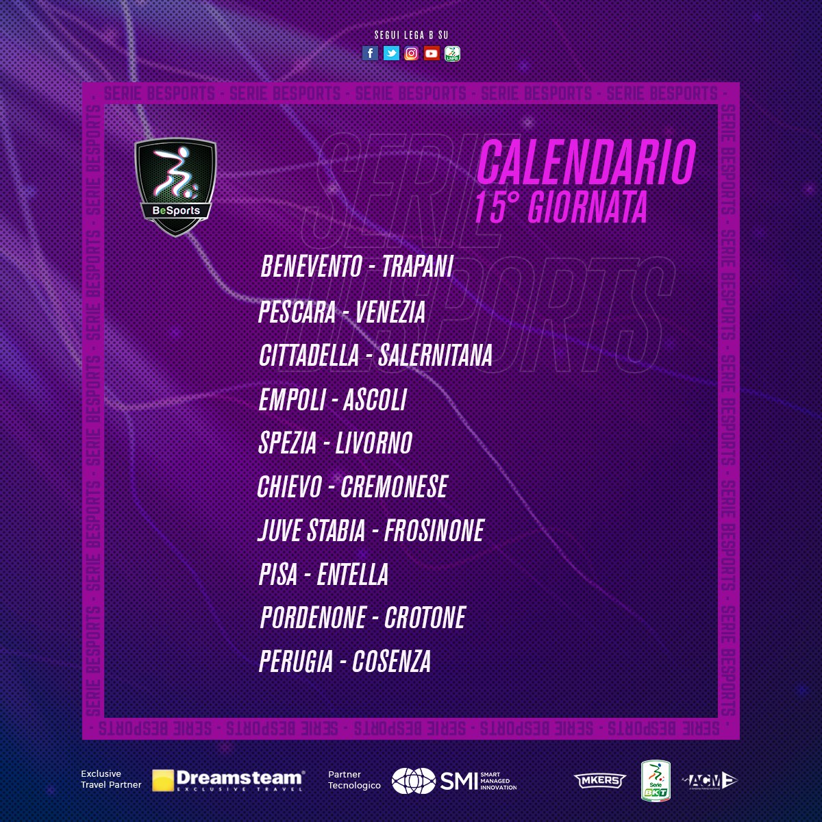 Lega_B's tweet photo. 🎮⚽ Questa sera alle 21:00 torna il campionato #BeSports con la 15^ e la 16^ giornata. La prima lega virtuale della #SerieB creata in collaborazione con #DreamsTeamTravel #SMIConsulting #Mkers e #ACME_Communication giocata interamente su #PES2020.

📋 Queste le sfide di stasera https://t.co/p97s0HPhMC