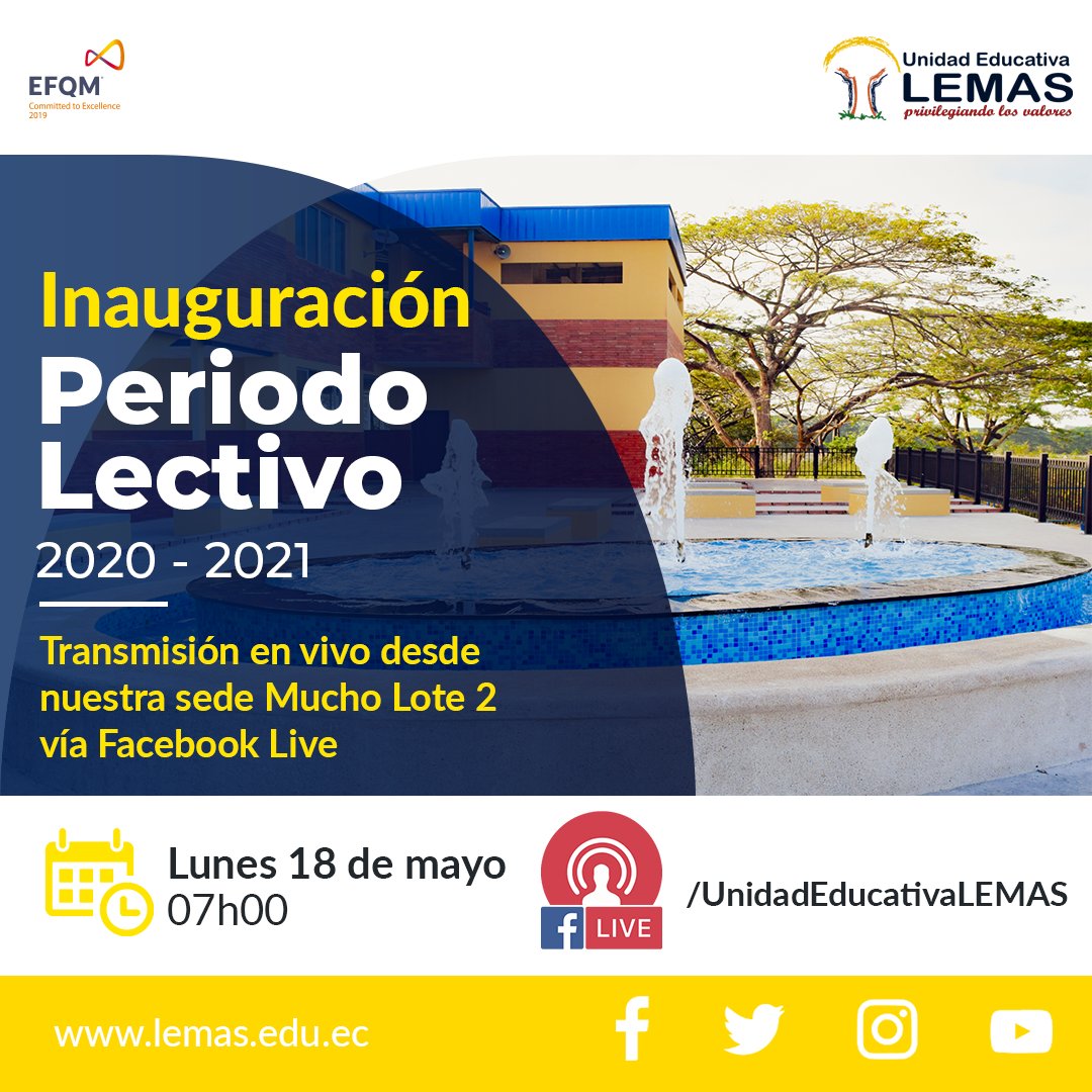 ¡A toda nuestra comunidad! Iniciamos un año lectivo atípico pero manteniendo nuestra formalidad. 

Acompáñenos este lunes 18 de mayo a la inauguración del año lectivo 2020-2021 a través de la trasmisión en vivo por Facebook Live.
.
.
#RegresoaClases #EstamosListos #YoSoyLEMAS